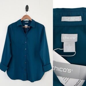 Chico's Women's Large Size 2 Teal Blue Green 3/4 Sleeve No Iron Stretch Top NWT